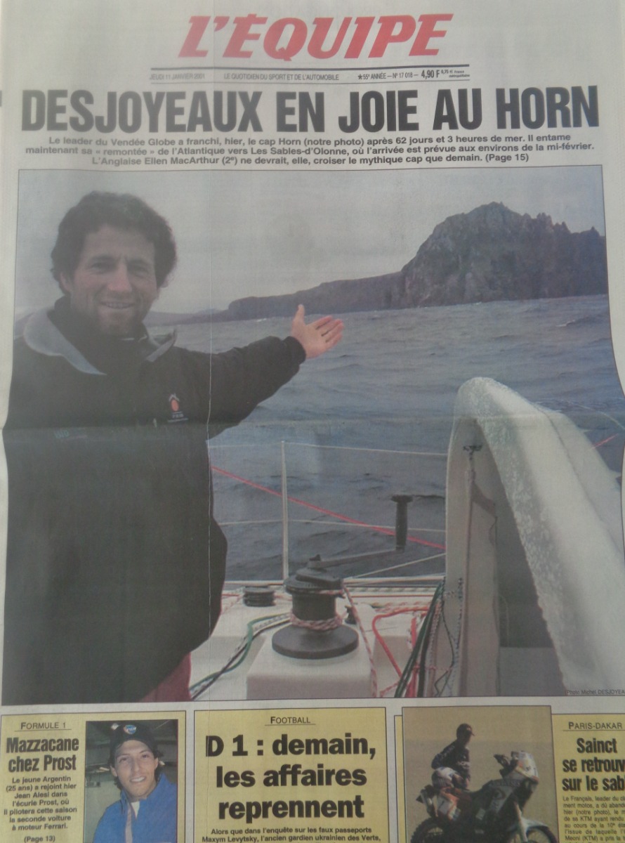 Journal l'équipe 11/01/2001 Desjoyeaux en joie au Horn - Vendée Globe - Voile - Journal L'Équipe authentique - Revue Vintage