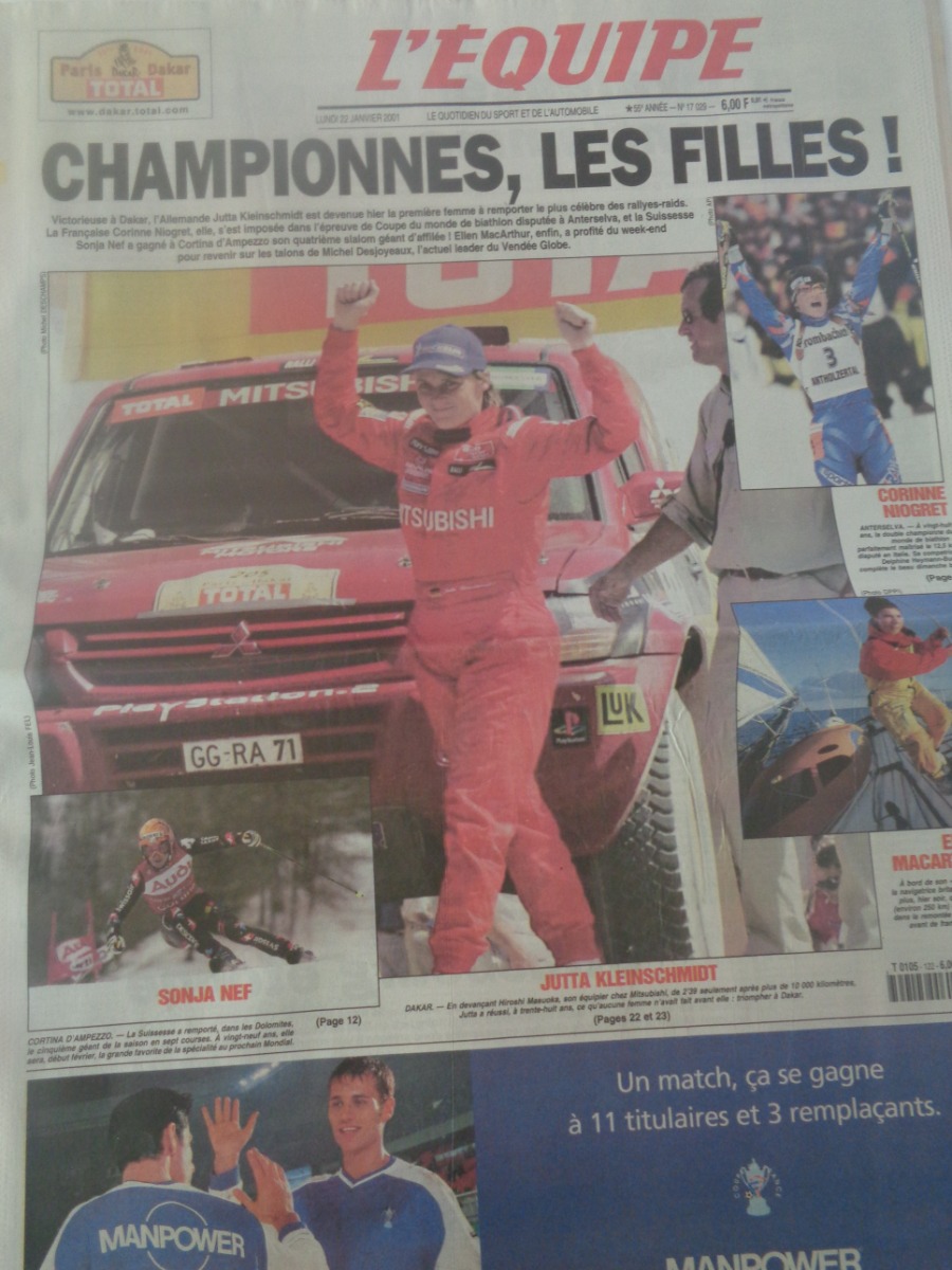 Journal l'équipe 22/01/2001 Championnes, les filles - Victorieuse à Dakar - Jutta Kleinschmidt - Sport automobile - Journal L'Équipe authentique - Revue Vintage