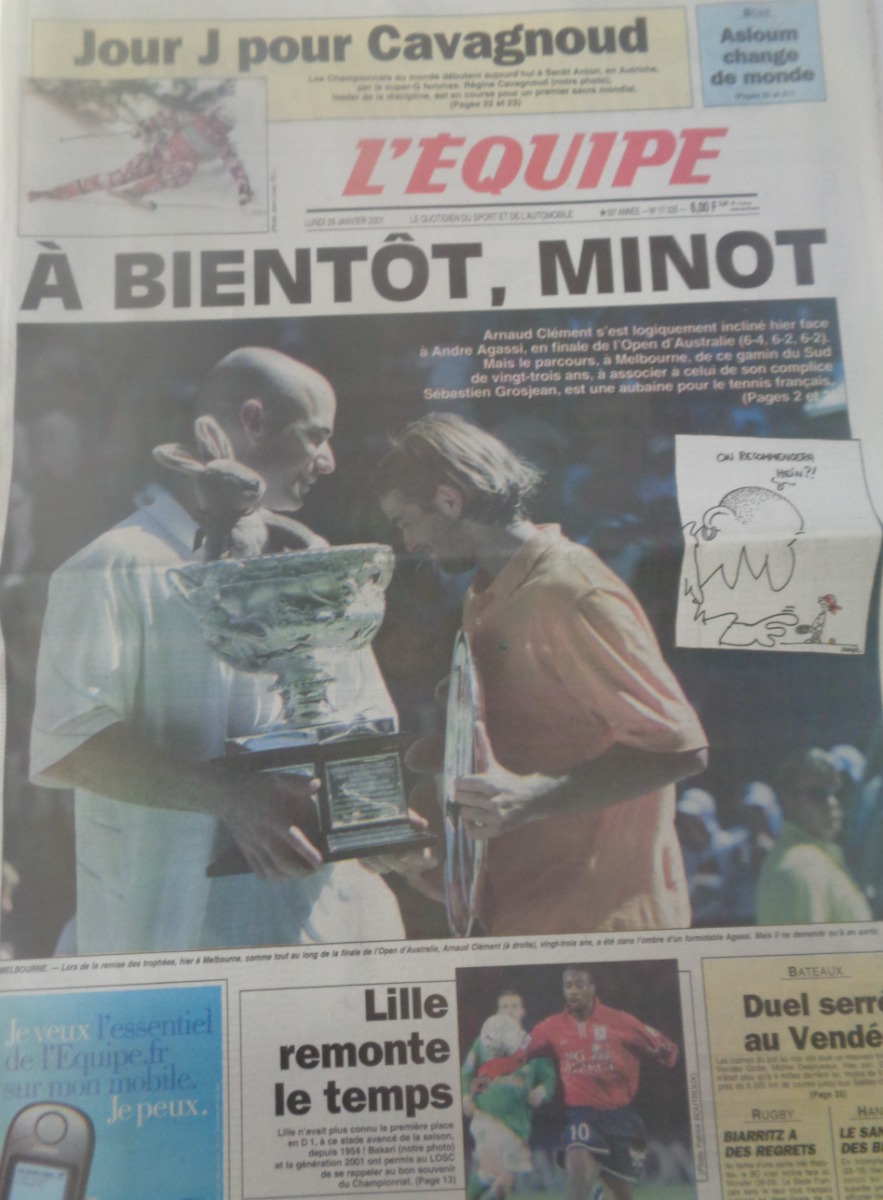 Journal l'équipe 29/01/2001 À bientôt, Minot - Finale Clément s'incline face a Agassi - Tennis Open d'Australie - Journal L'Équipe authentique - Revue Vintage