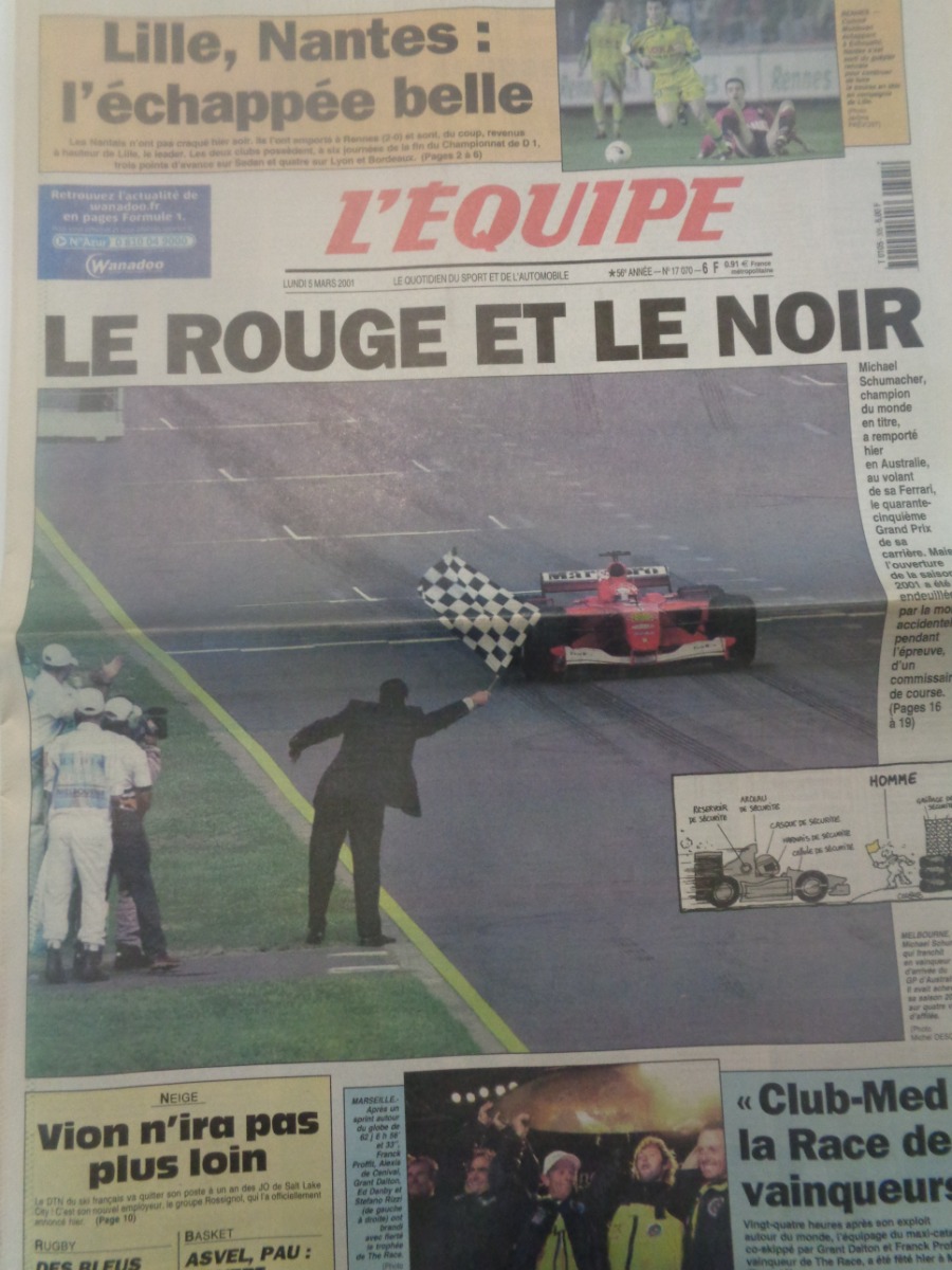 Journal l'équipe 05/03/2001 Le rouge et le noir - M.Schumacher remporte le GP d'Australie - Formule 1 - Journal L'Équipe authentique - Revue Vintage