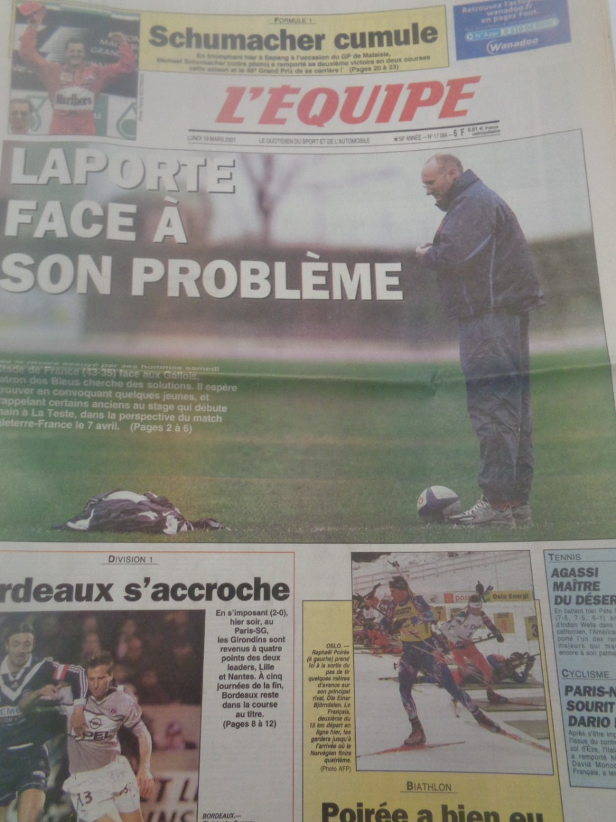 Journal l'équipe 19/03/2001 Laporte face à son problème - rugby - Journal L'Équipe authentique - Revue Vintage