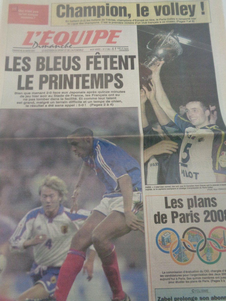 Journal l'équipe 25/03/2001 Paris Volley champions d'Europe de Volley ball - Journal L'Équipe authentique - Revue Vintage