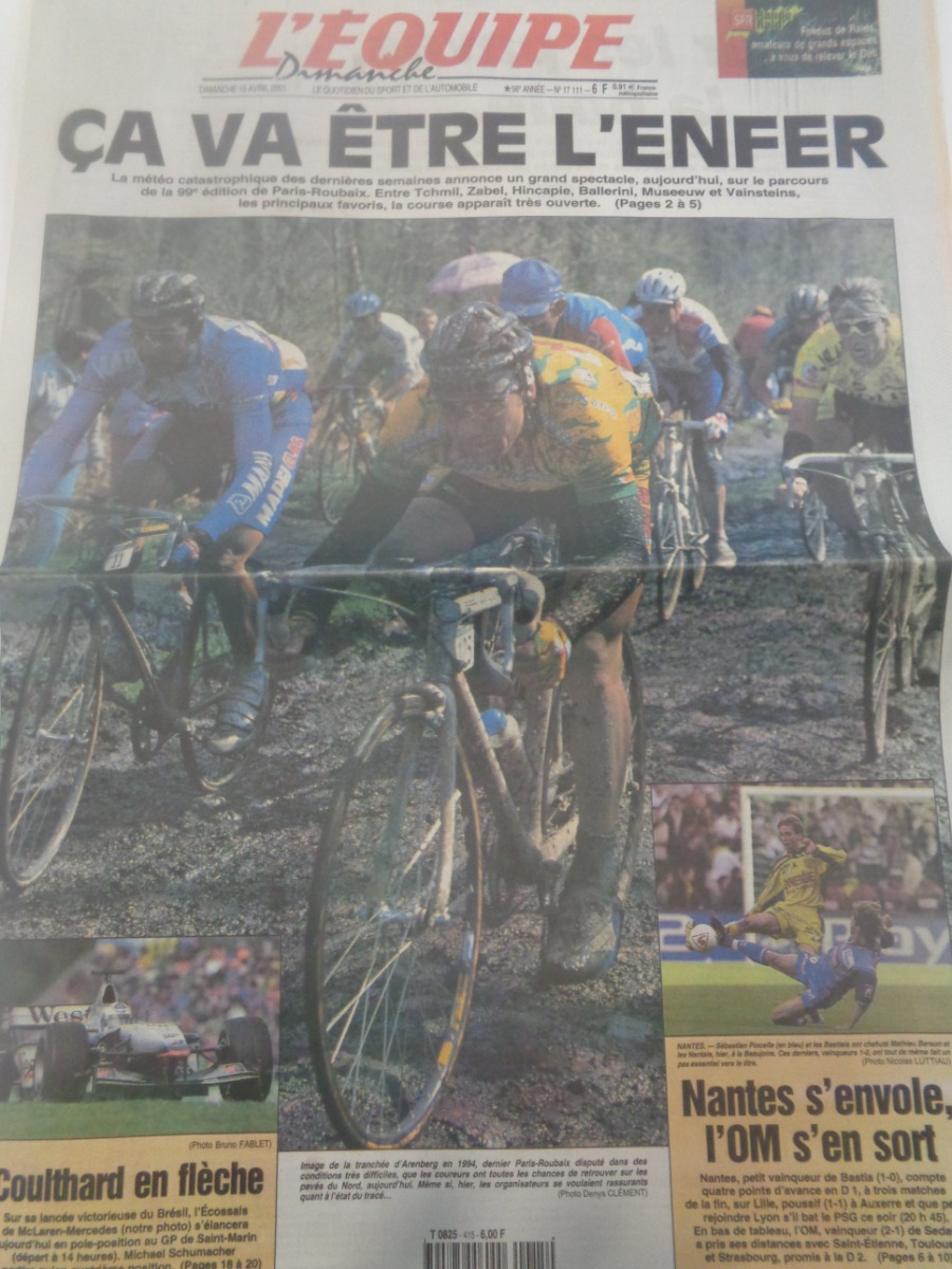 Journal l'équipe 15/04/2001 Paris - Roubaix - Ça va être l'enfer - cyclisme - Journal L'Équipe authentique - Revue Vintage