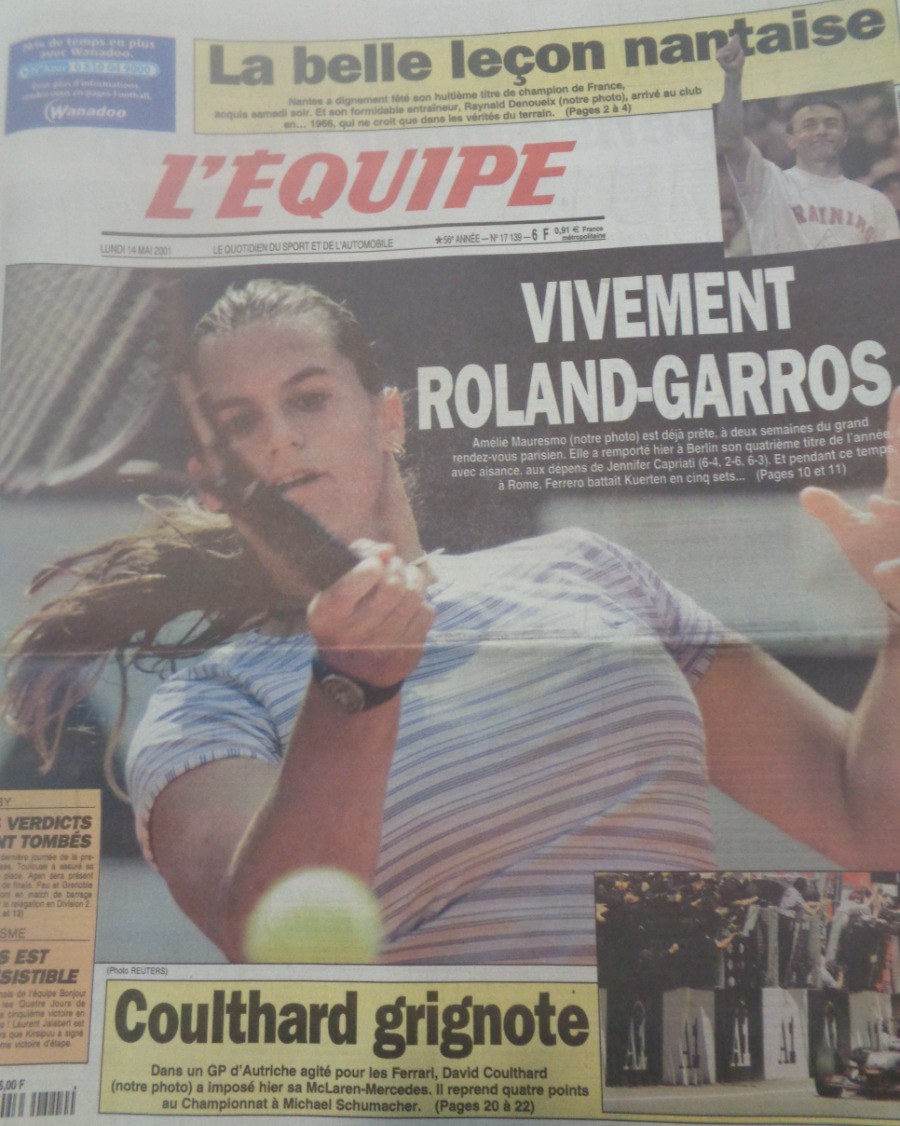Journal l'équipe 14/05/2001 Vivement Roland - Garros - Amélie Mauresmo - Tennis - Journal L'Équipe authentique - Revue Vintage