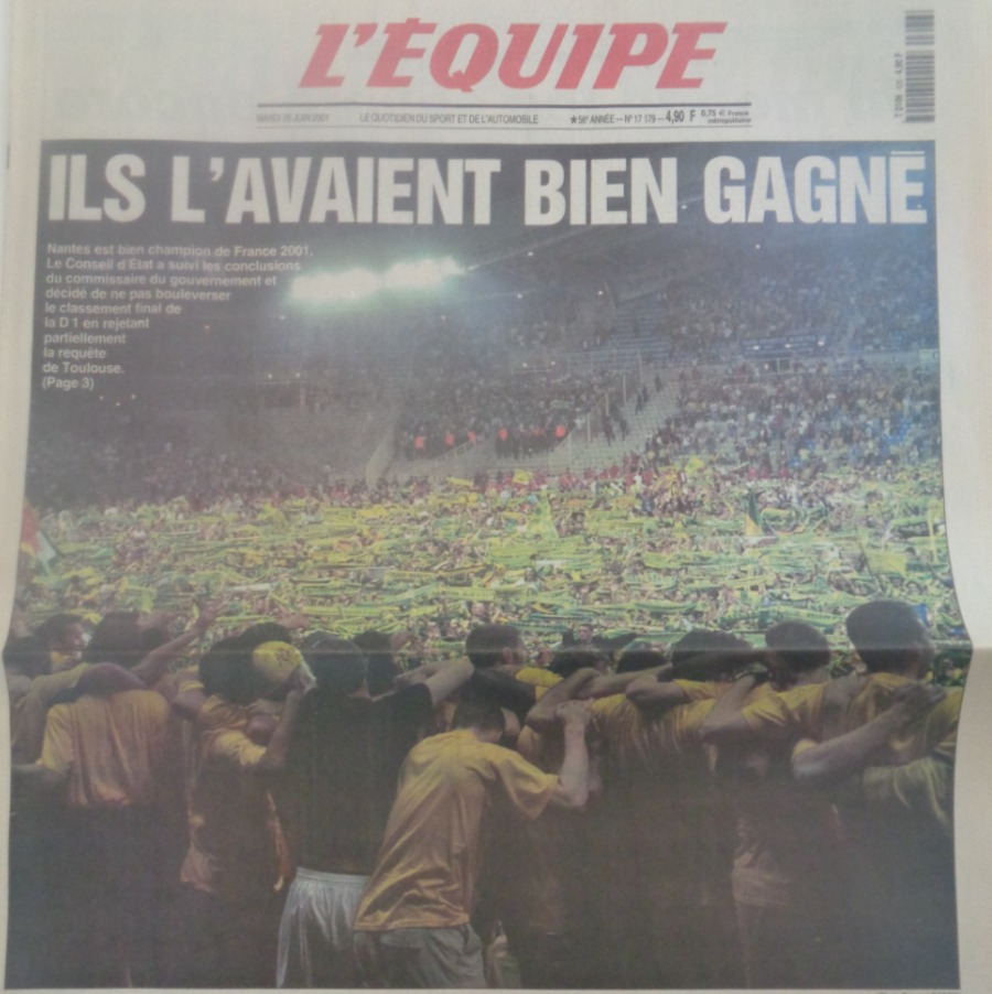 Journal l'équipe 26/06/2001 Nantes est bien champion de France - Football - Journal L'Équipe authentique - Revue Vintage