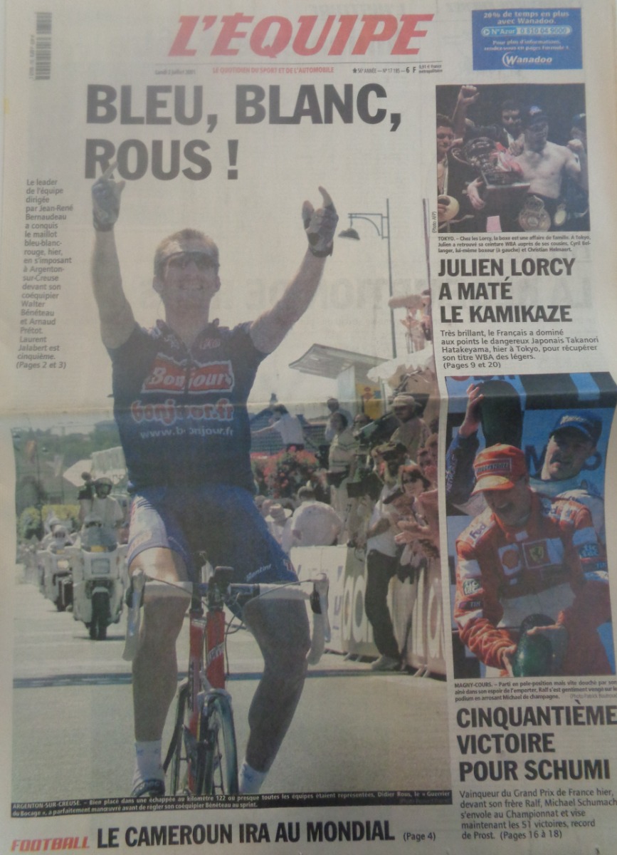 Journal l'équipe 02/07/2001 Bleu, Blanc, Rous ! Didier Rous champion de France a Argenton sur Creuse - Cyclisme - Journal L'Équipe authentique - Revue Vintage
