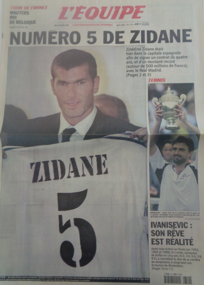 Journal l'équipe 10/07/2001 Zidane signe au Real Madrid - Football - Journal L'Équipe authentique - Revue Vintage