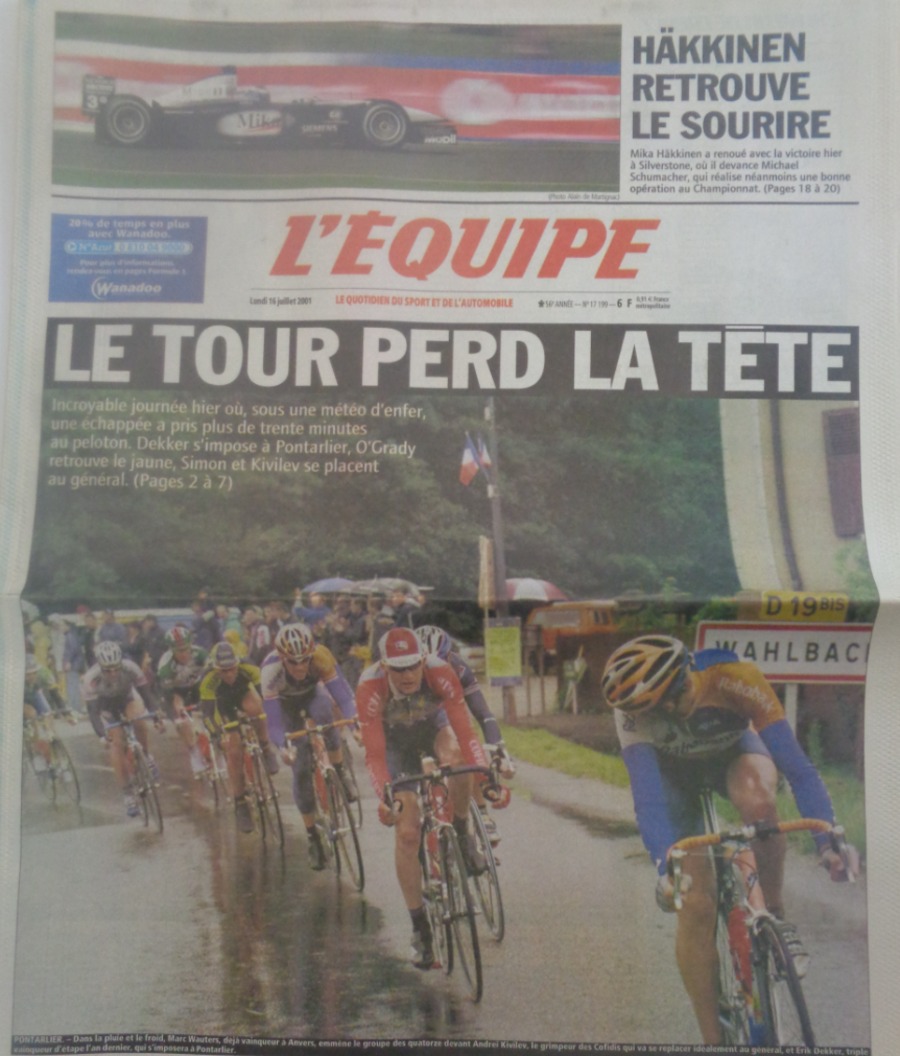 Journal l'équipe 16/07/2001 Le Tour perd la tête - Tour de France - Cyclisme - Journal L'Équipe authentique - Revue Vintage