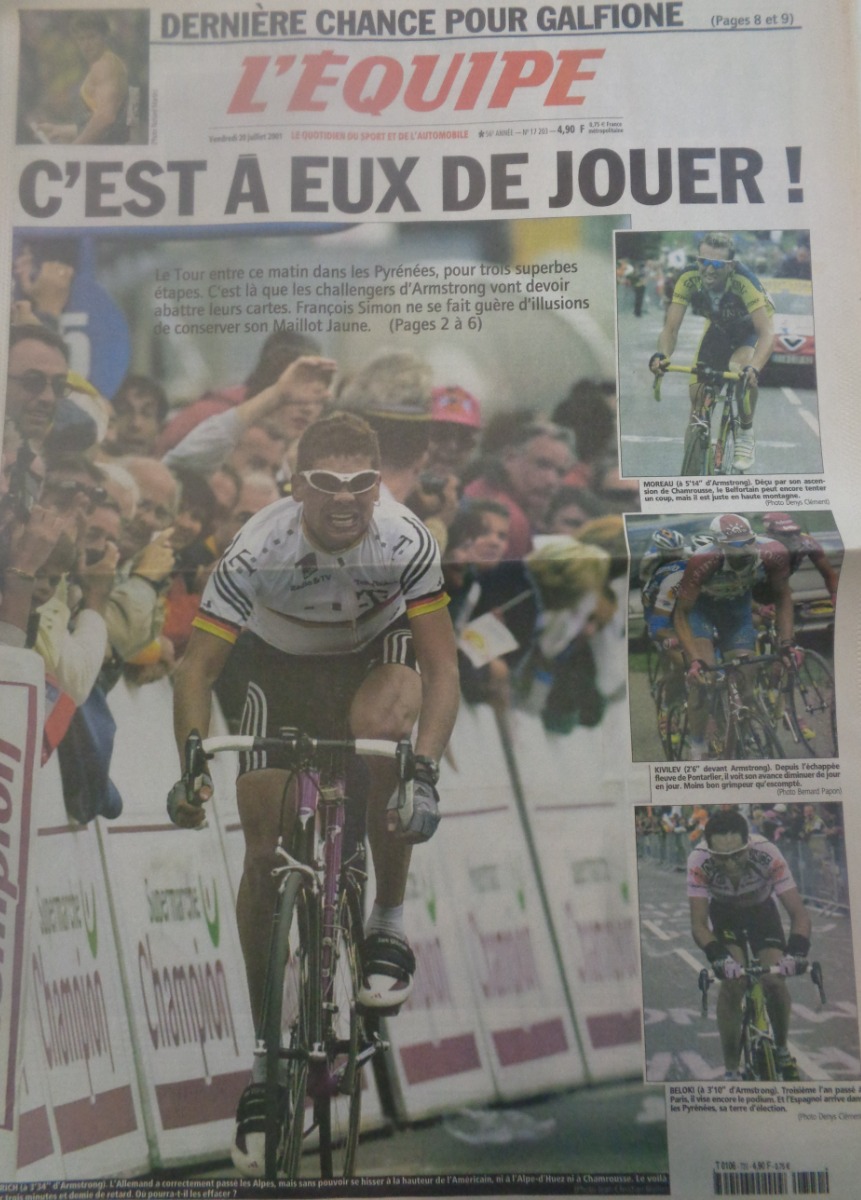 Journal l'équipe 20/07/2001 C'est a eux de jouer !! Lance Armstrong - Tour de France - Cyclisme - Journal L'Équipe authentique - Revue Vintage
