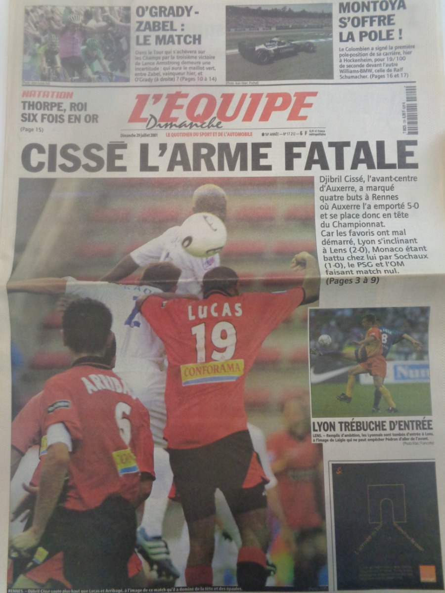 Journal l'équipe 29/07/2001 Cissé l'arme fatale d'Auxerre - Football - Journal L'Équipe authentique - Revue Vintage