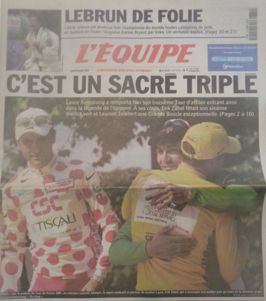 Journal l'équipe 30/07/2001 Lance Armstrong remporte son 3eme Tour de France - L. Jalabert - Cyclisme - Journal L'Équipe authentique - Revue Vintage