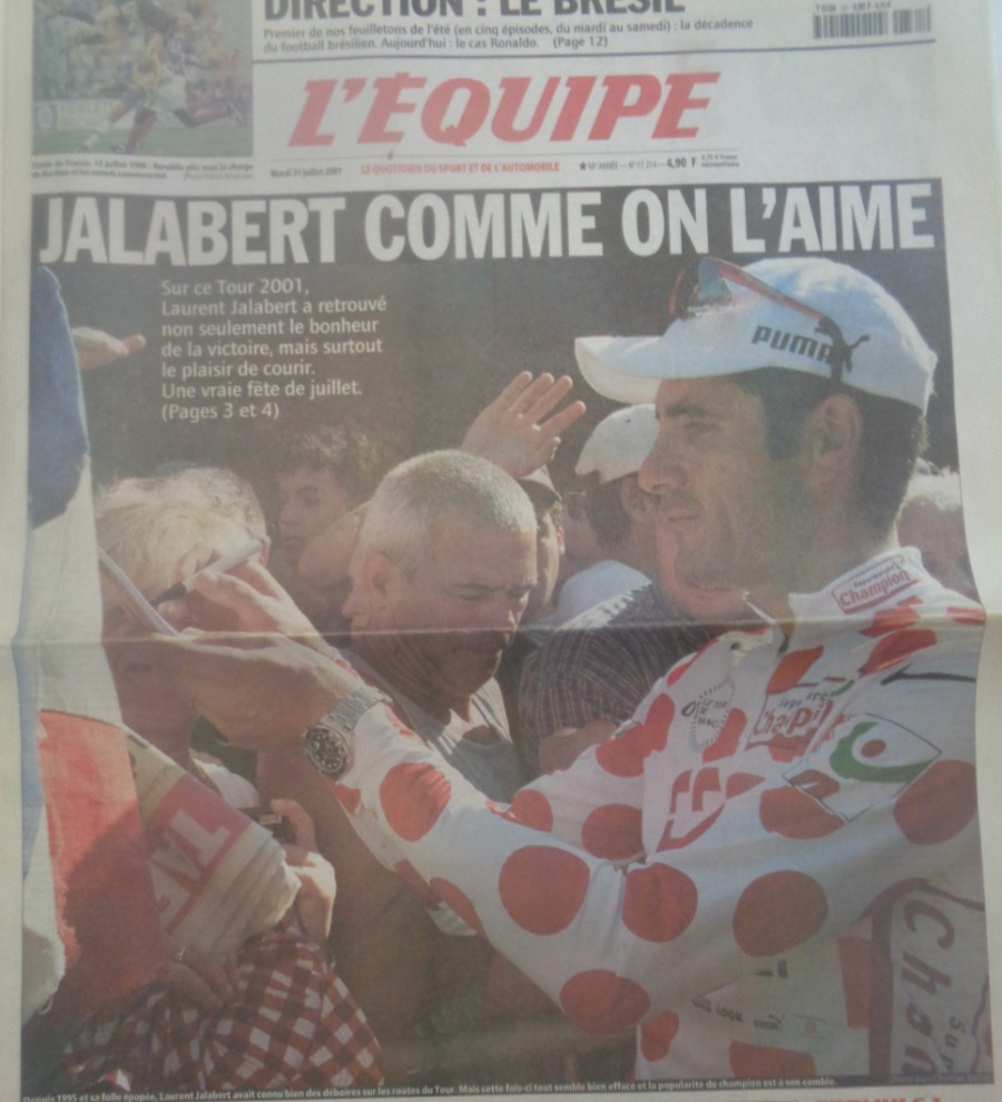 Journal l'équipe 31/07/2001 Jalabert comme on l'aime - maillot a pois -Tour de France - Cyclisme - Journal L'Équipe authentique - Revue Vintage