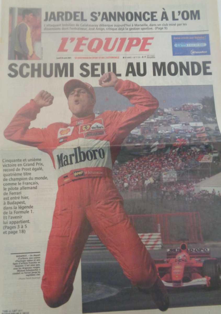 Journal l'équipe 20/08/2001 Schumi seul au Monde - M. Schumacher 50 victoires en GP - Formule 1 - Grand prix - Journal L'Équipe authentique - Revue Vintage