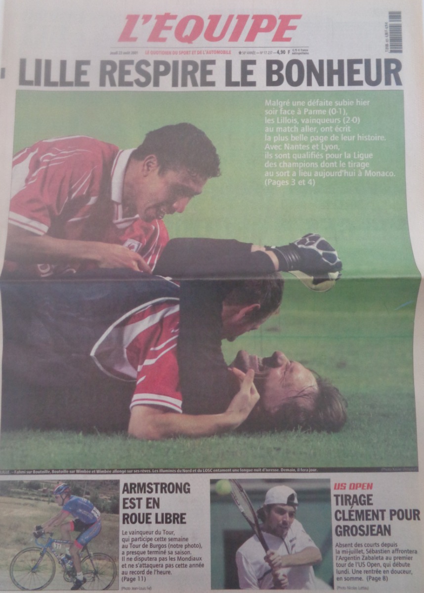 Journal l'équipe 23/08/2001 Lille respire le bonheur - qualifié pour la Ligue des Champions - football - Journal L'Équipe authentique - Revue Vintage
