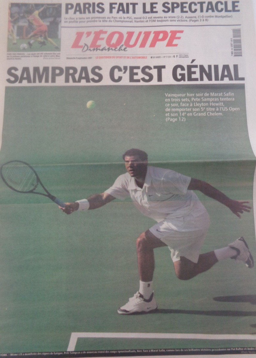 Journal l'équipe 09/09/2001 Sampras c'est génial - l'Us Open - Tennis - Journal L'Équipe authentique - Revue Vintage