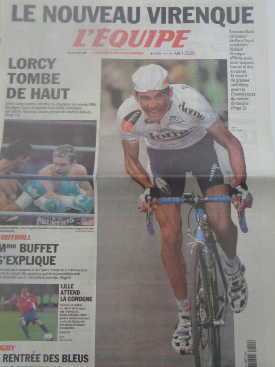 Journal l'équipe 09/10/2001 Le nouveau Virenque - cyclisme - Journal L'Équipe authentique - Revue Vintage