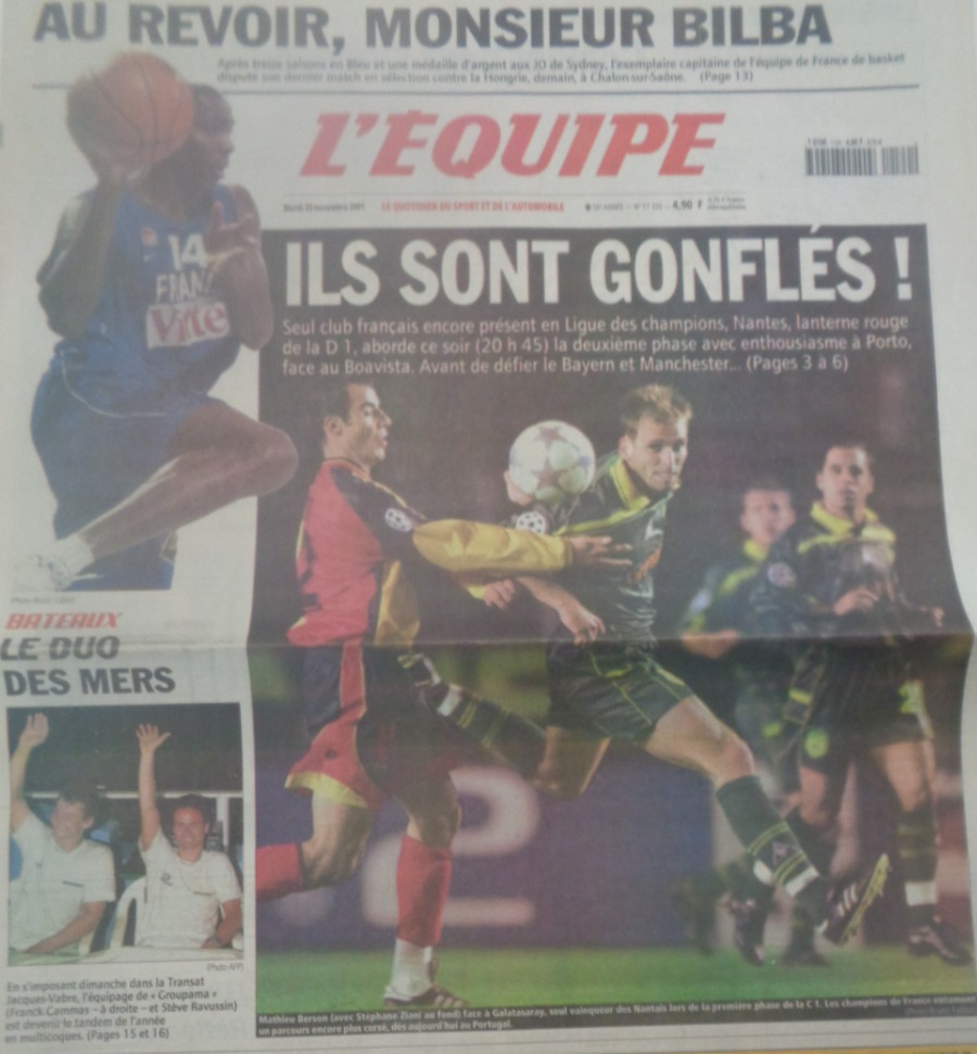 Journal l'équipe 20/11/2001 Au revoir monsieur Jim Bilba - Basket - Journal L'Équipe authentique - Revue Vintage