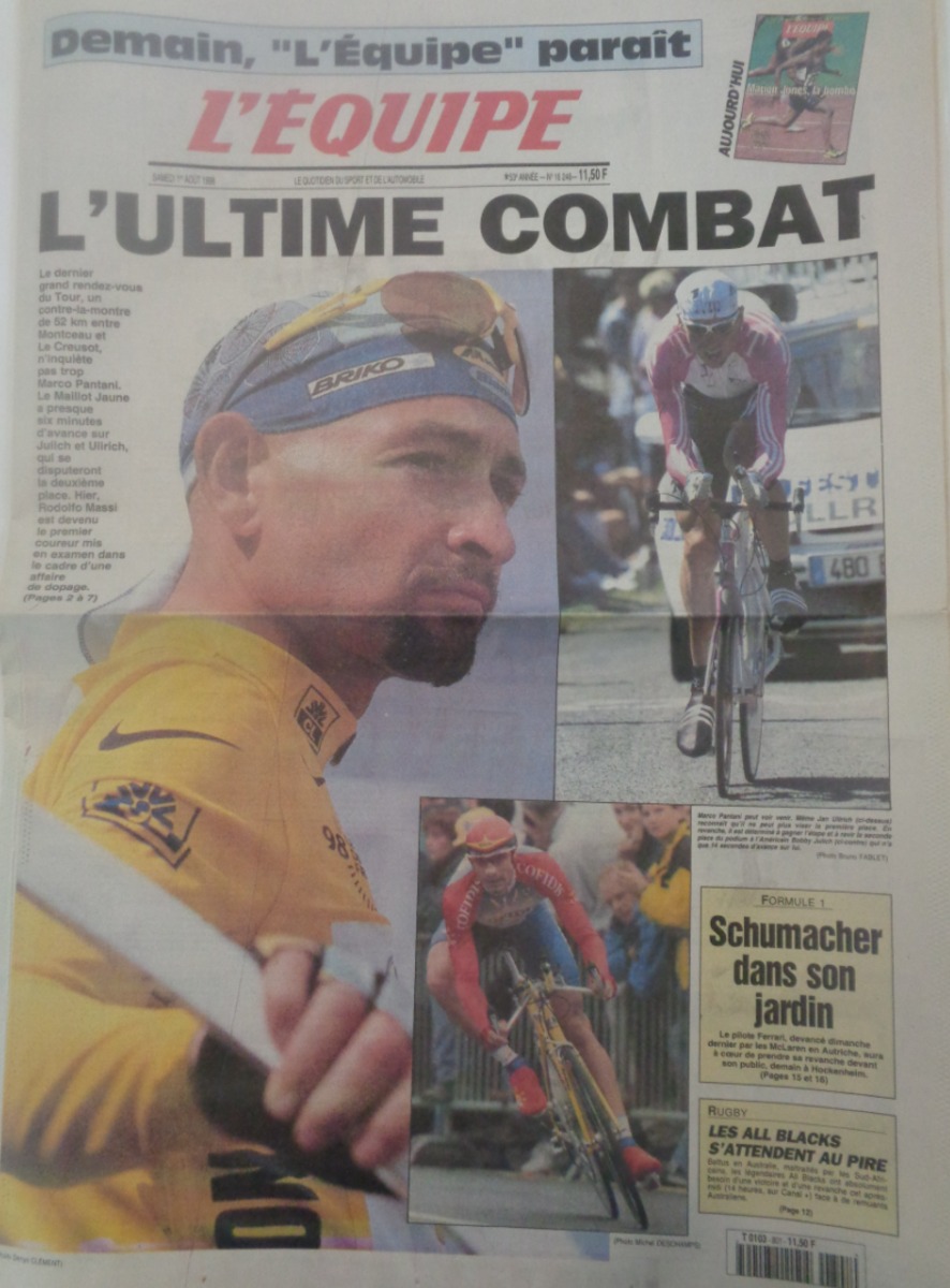 Journal l'équipe 01/08/1998 L'ultime combat - Marco Pantani le pirate -Tour de France - cyclisme - Journal L'Équipe authentique - Revue Vintage
