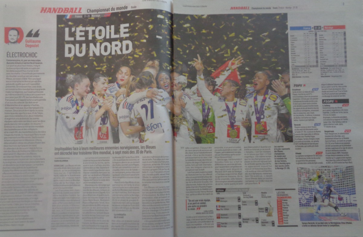 Journal l'équipe 18/12/2023 Seules au Monde - Finale championnat du Monde Handball - Vue 2 - Journal L'Équipe