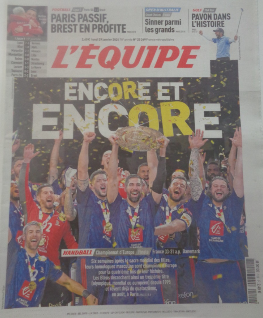 Journal l'équipe 29/01/2024 Encore et encore - France / Danemark - Finale championnat d'Europe - Handball - Journal L'Équipe authentique - Revue Vintage