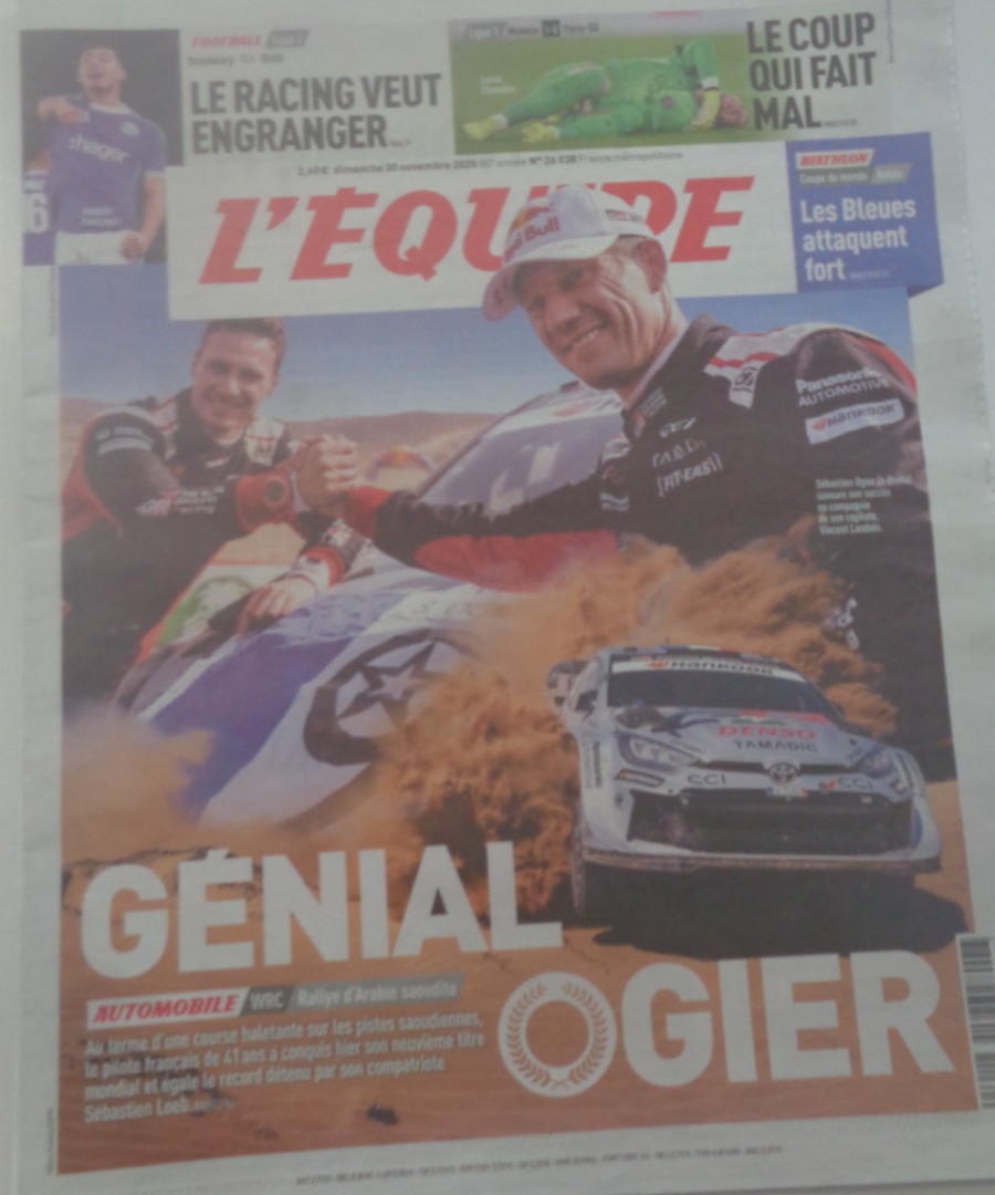 Journal l'équipe 30/11/2025 Génial Ogier - WRC - rallye d'Arabie Saoudite - Journal L'Équipe authentique - Revue Vintage