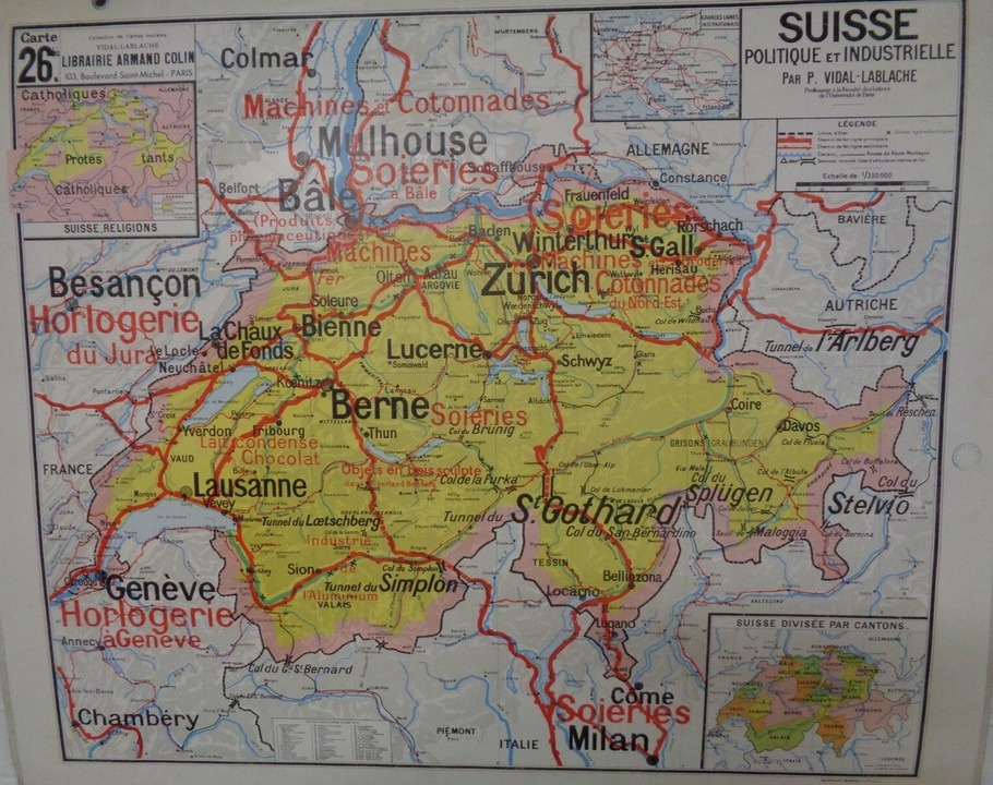 Ancienne carte scolaire Vidal Lablache 26 SUISSE Politique - Agricole - Cartes Scolaires authentique - Revue Vintage