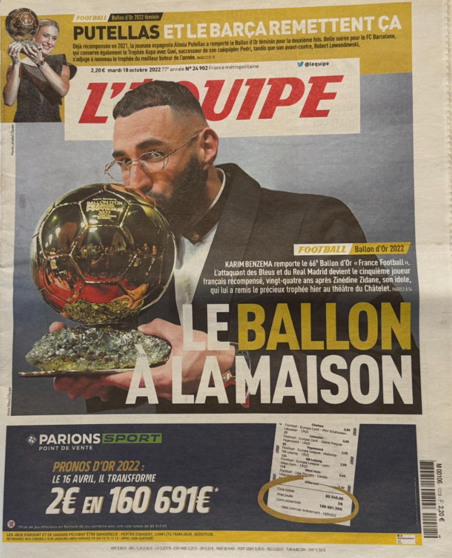 Journal l'équipe 18/10/2022 Karim Benzema Ballon d'or - Journal L'Équipe authentique - Revue Vintage