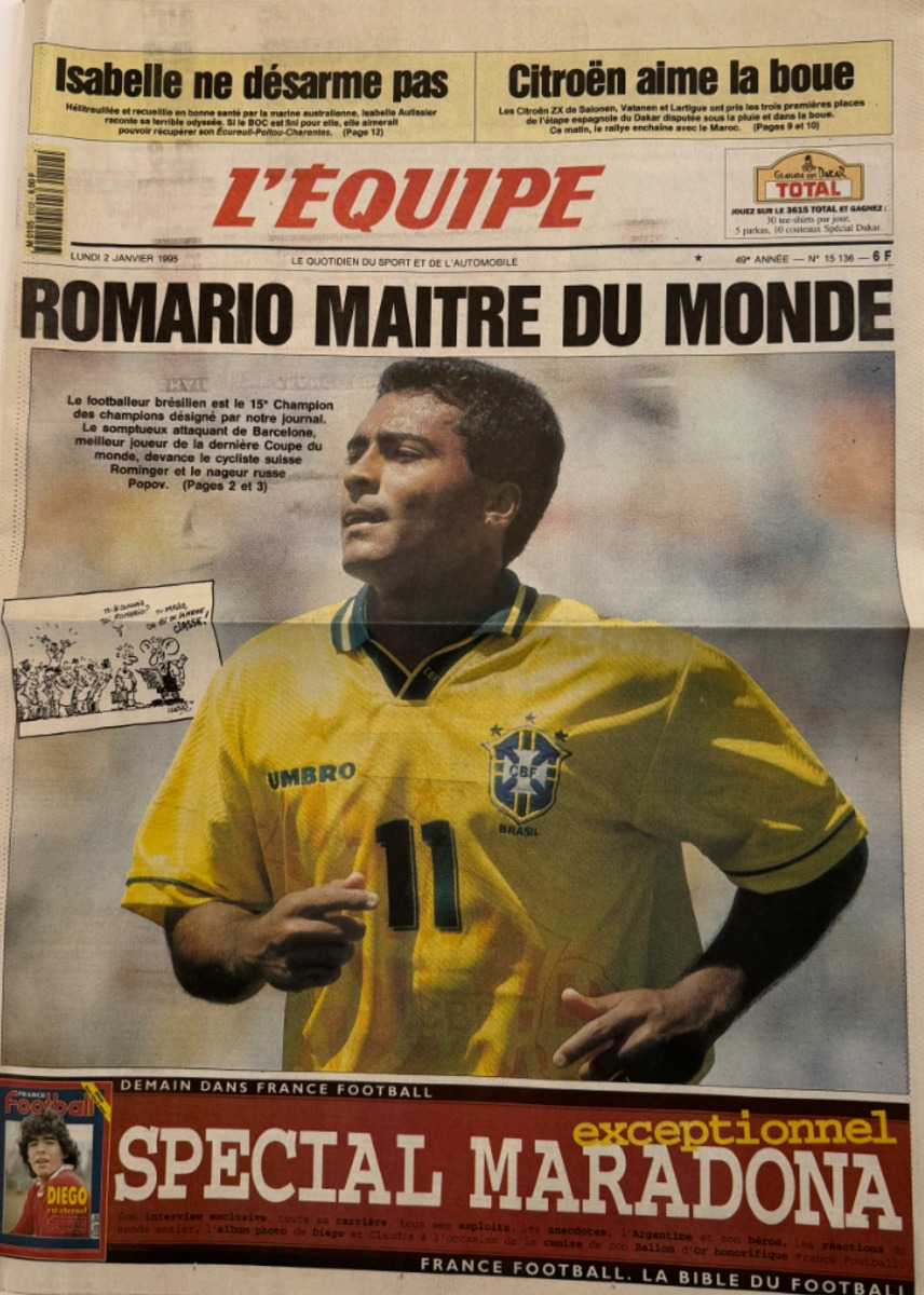 Journal l'équipe 02/01/1995 Romario maitre du Monde - Brésil - Football - Journal L'Équipe authentique - Revue Vintage