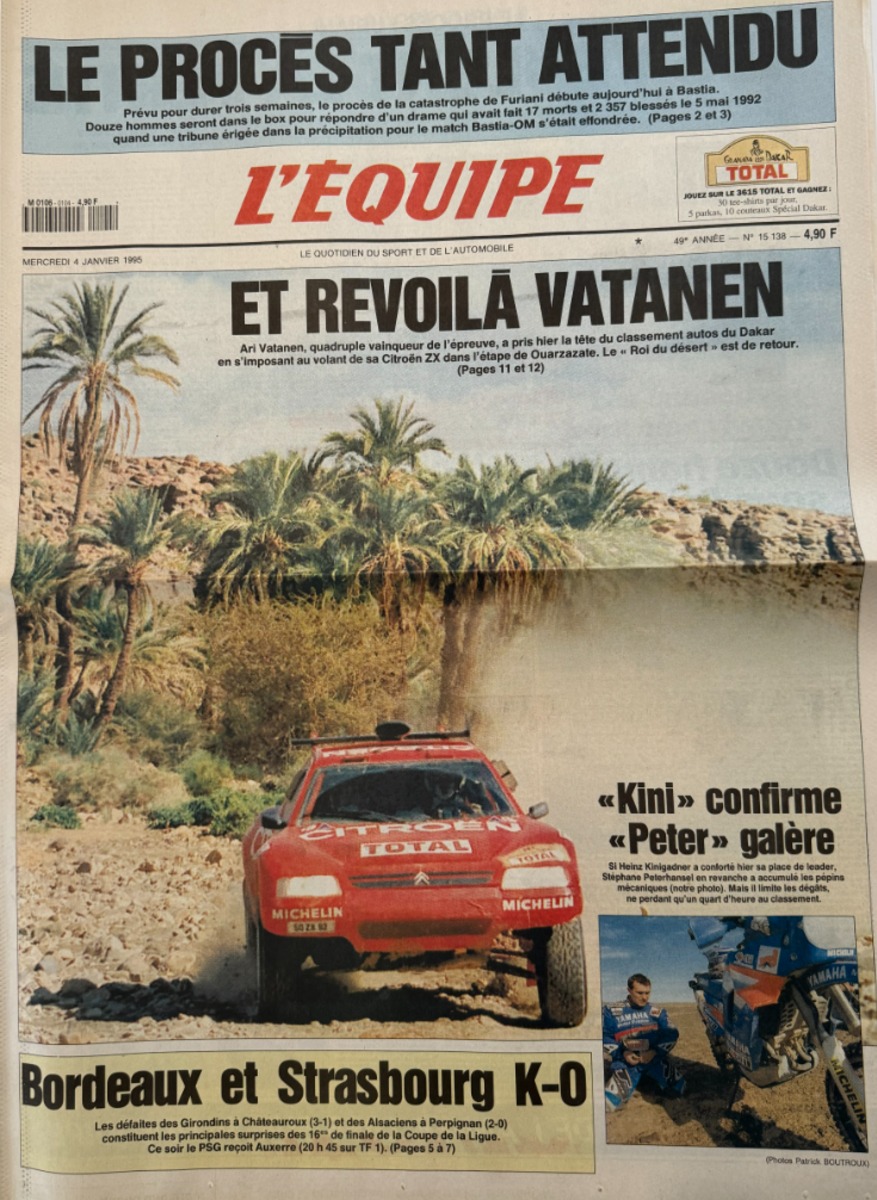 Journal l'équipe 04/01/1995 Revoilà Vatanen - Paris Dakar - - Journal L'Équipe authentique - Revue Vintage