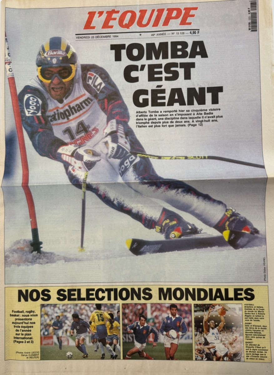 Journal l'équipe 23/12/1994 Tomba c'est Géant !!! Ski slalom Coupe du Monde - Journal L'Équipe authentique - Revue Vintage