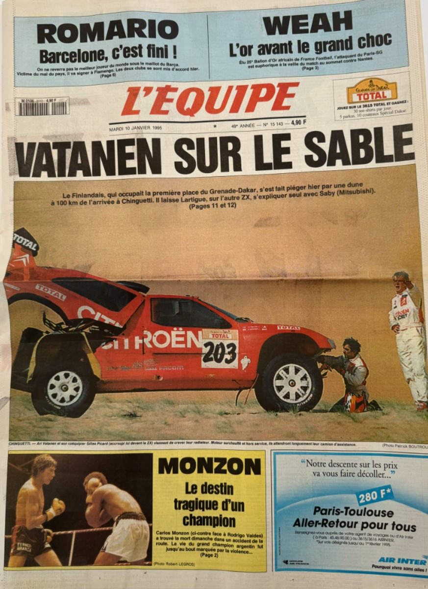 Journal l'équipe 04/01/1995 Vatanen sur le sable - Paris Dakar - Journal L'Équipe authentique - Revue Vintage