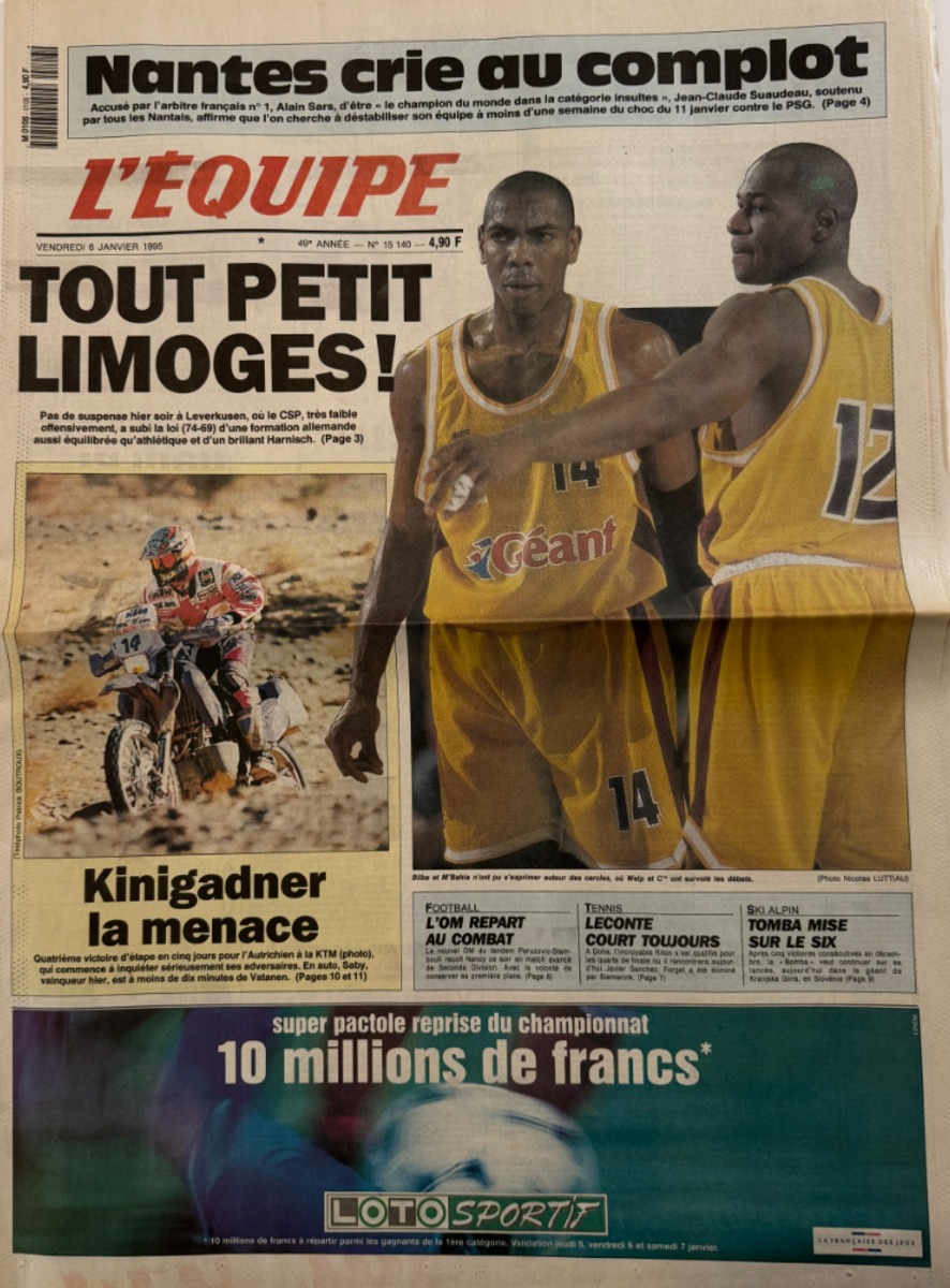 Journal l'équipe 06/01/1995 Tou petit Limoges - Coupe d’Europe des clubs champions de basket‑ball - Journal L'Équipe authentique - Revue Vintage