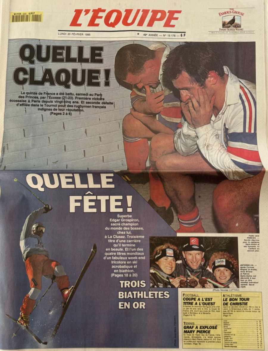 Journal l'équipe 20/02/1995 Quelle claque !!! - XV de France / Écosse - Rugby - Journal L'Équipe authentique - Revue Vintage