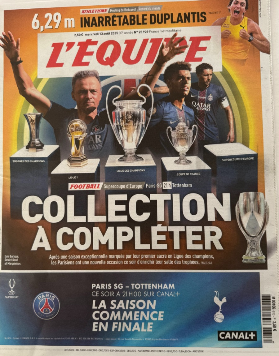 Journal l'équipe 13/08/2025 Collection a compléter - Paris saint Germain / Tottenham - Supercoupe d'Europe - Football - Journal L'Équipe authentique - Revue Vintage