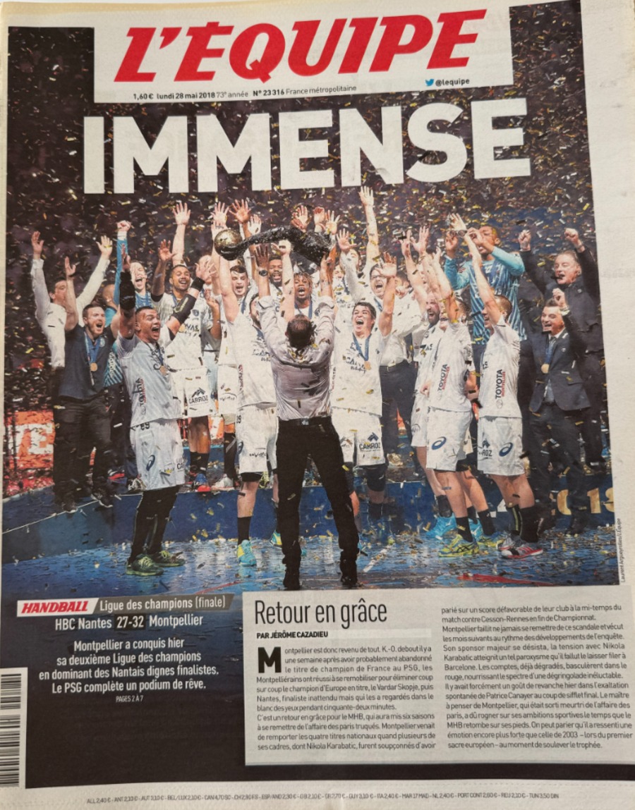 Journal l'équipe 28/05/2018 Nantes / Montpellier - Ligue des champions - Handball - Journal L'Équipe authentique - Revue Vintage