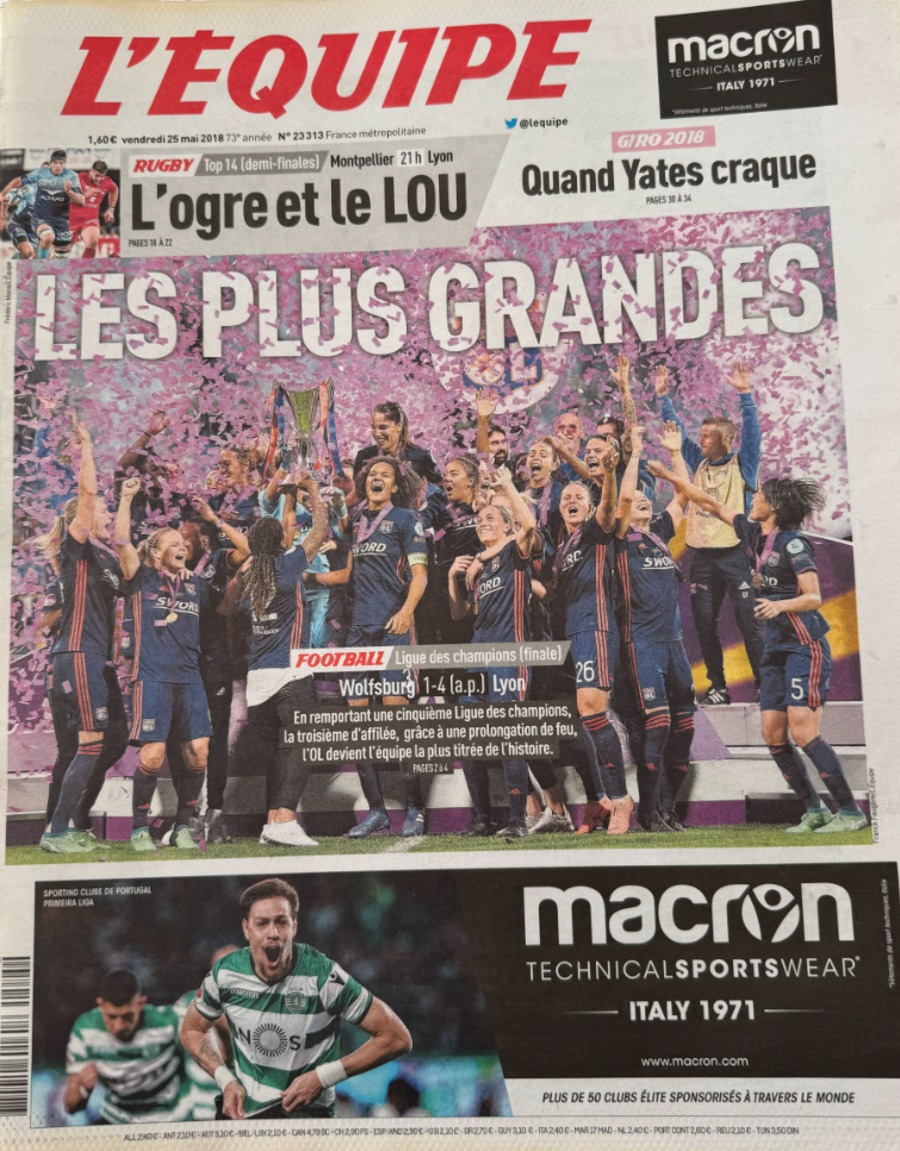 Journal l'équipe 25/05/2018 Les plus grandes - Wolfsburg / Lyon remporte la Ligue des champions - Football - Journal L'Équipe authentique - Revue Vintage