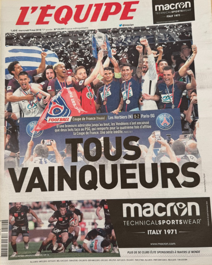 Journal l'équipe 09/05/2018 Tous vainqueurs - Les Herbiers / Paris Saint Germain remporte la Coupe de France - Football - Journal L'Équipe authentique - Revue Vintage