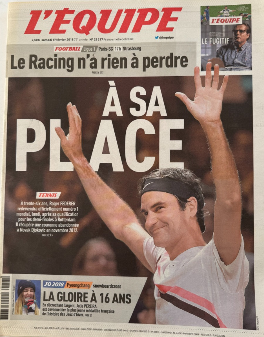 Journal l'équipe 17/02/2018 À sa place - Roger Federer N°1Mondial du Tennis - Journal L'Équipe authentique - Revue Vintage