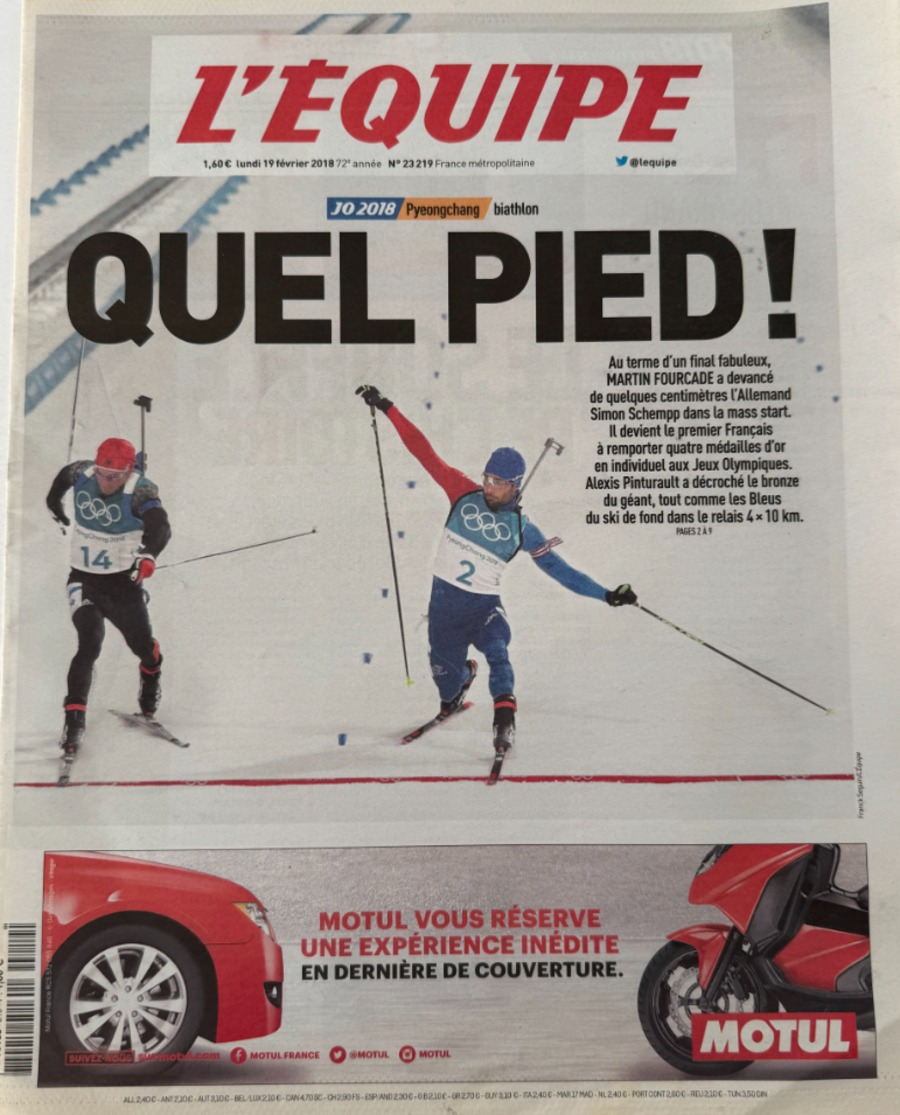Journal l'équipe 19/02/2018 Quel Pied !! Martin Fourcade Médaille d'or Jeux Olympiques. Corée du Sud - Journal L'Équipe authentique - Revue Vintage
