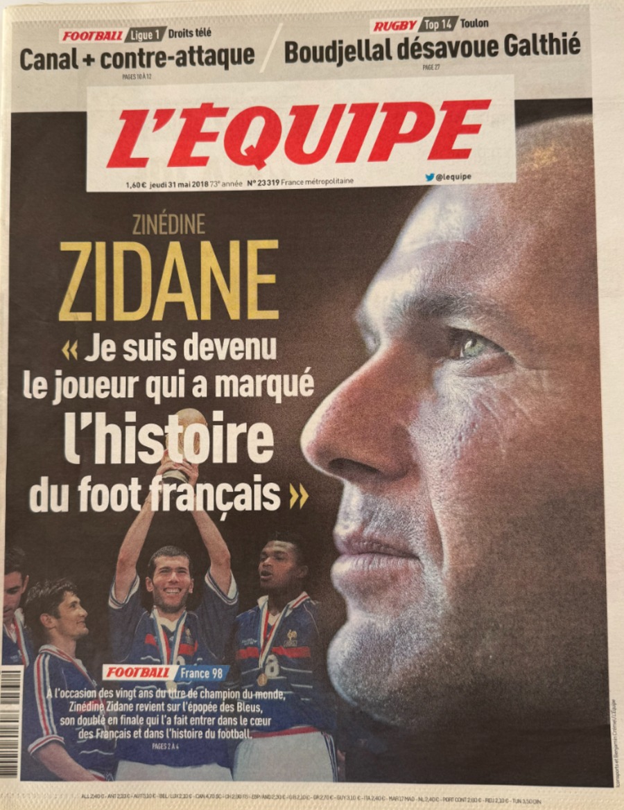 Journal l'équipe 31/05/2018 Zidane je suis devenu le jopueur qui a marqué l'histoire du football Français - Journal L'Équipe authentique - Revue Vintage