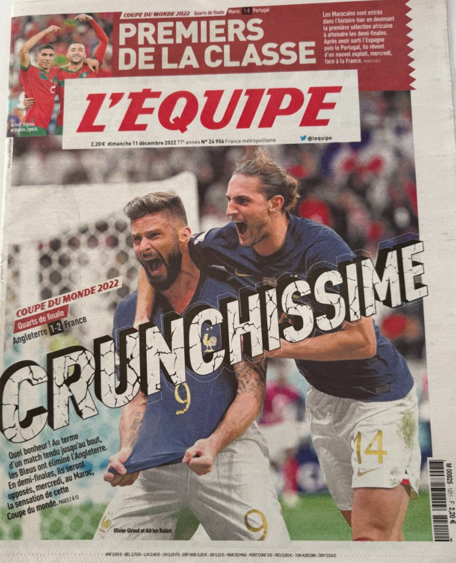 Journal l'équipe 11/12/2022 France / Angleterre Coupe du Monde de Football - Journal L'Équipe authentique - Revue Vintage