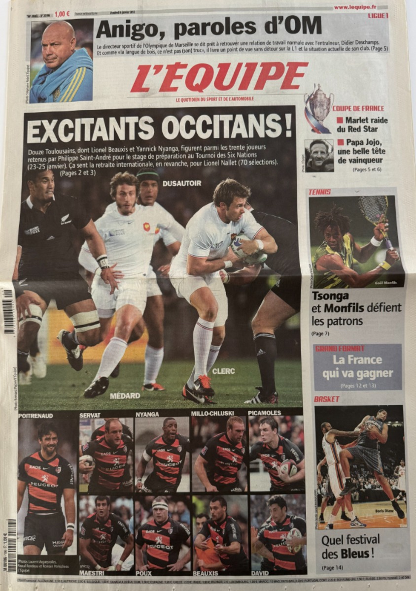 Journal l'équipe 06/01/2012 Excitants occitants !! Stade Toulousain - Rugby Toulouse - Journal L'Équipe authentique - Revue Vintage