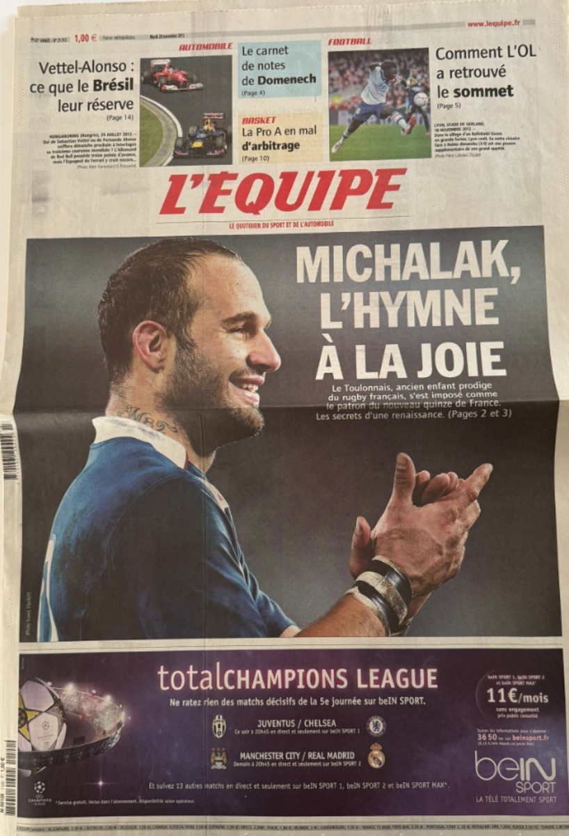 Journal l'équipe 20/11/2012 Michalak l'hymne à la joie - Rugby Toulouse - Journal L'Équipe authentique - Revue Vintage