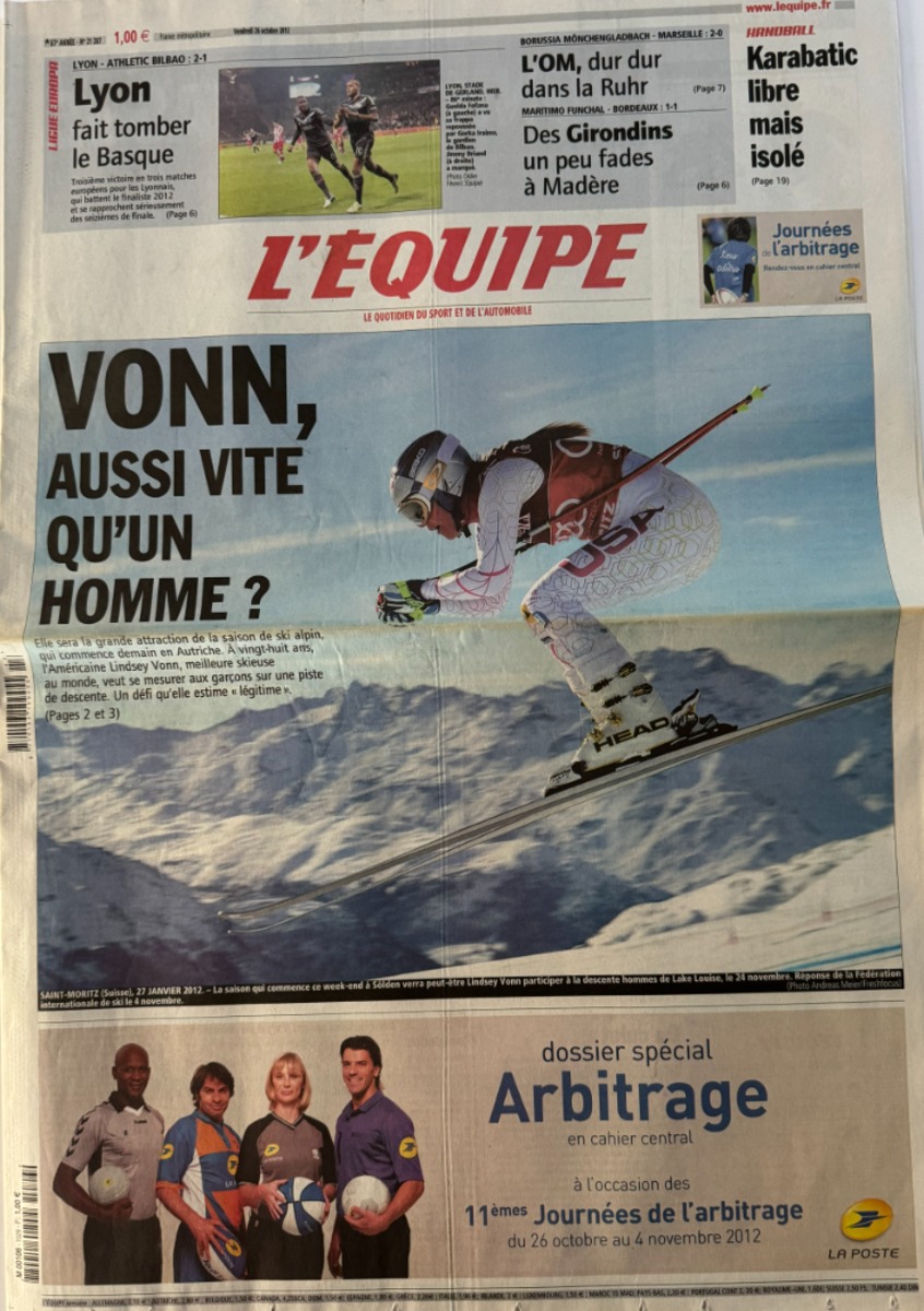 Journal l'équipe 26/10/2012 Lindsey Vonn - Coupe du monde de Ski - Journal L'Équipe authentique - Revue Vintage