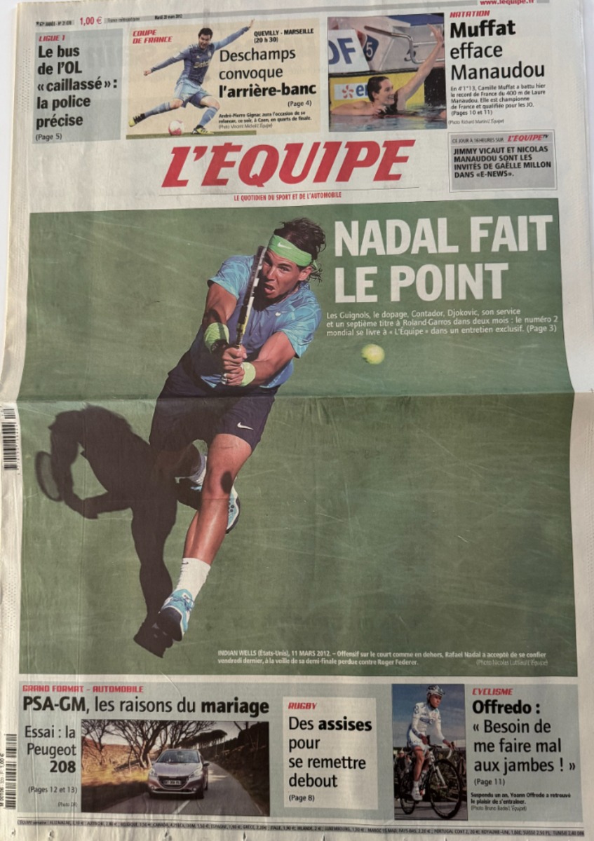 Journal l'équipe 20/03/2012 Nadal fait le point - Tennis - Journal L'Équipe authentique - Revue Vintage