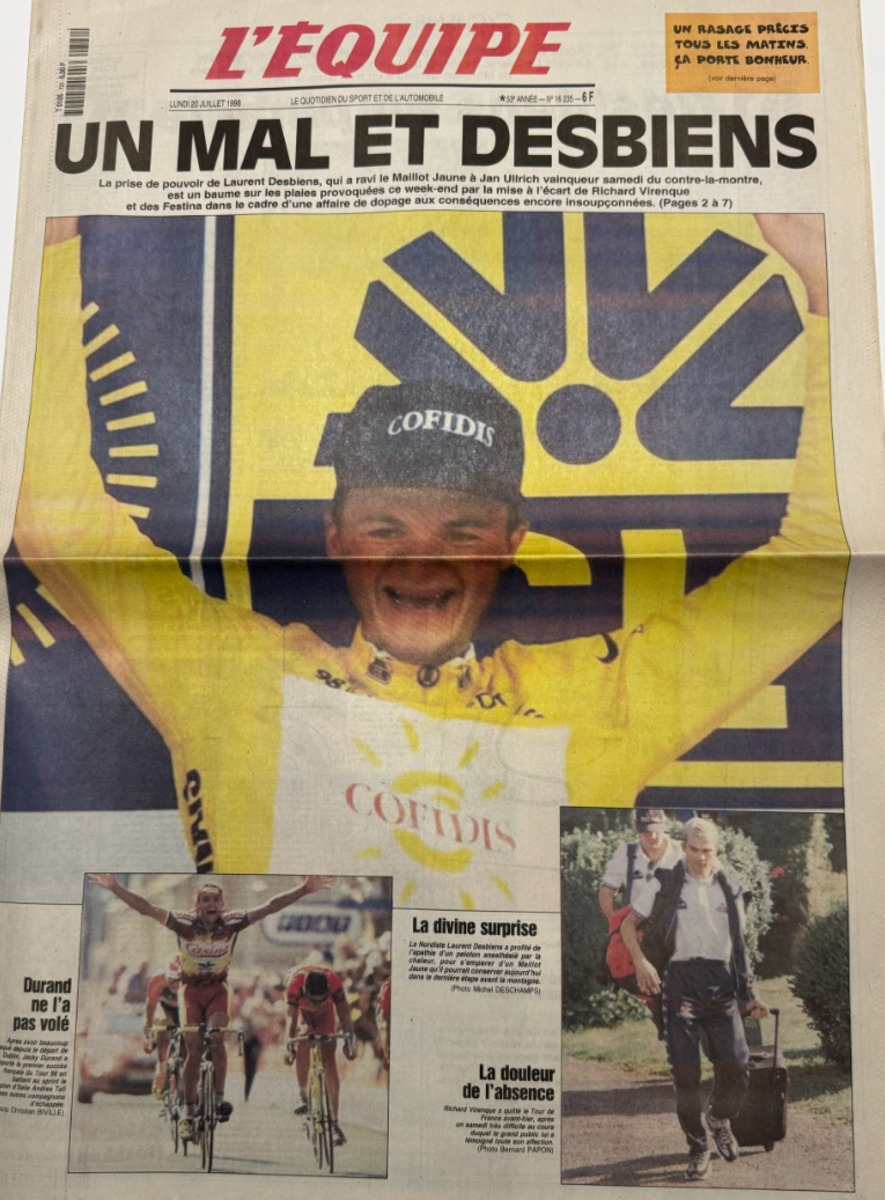 Journal l'équipe 20/07/1998 Laurent Desbiens maillot jaune - Tour de France - Journal L'Équipe authentique - Revue Vintage