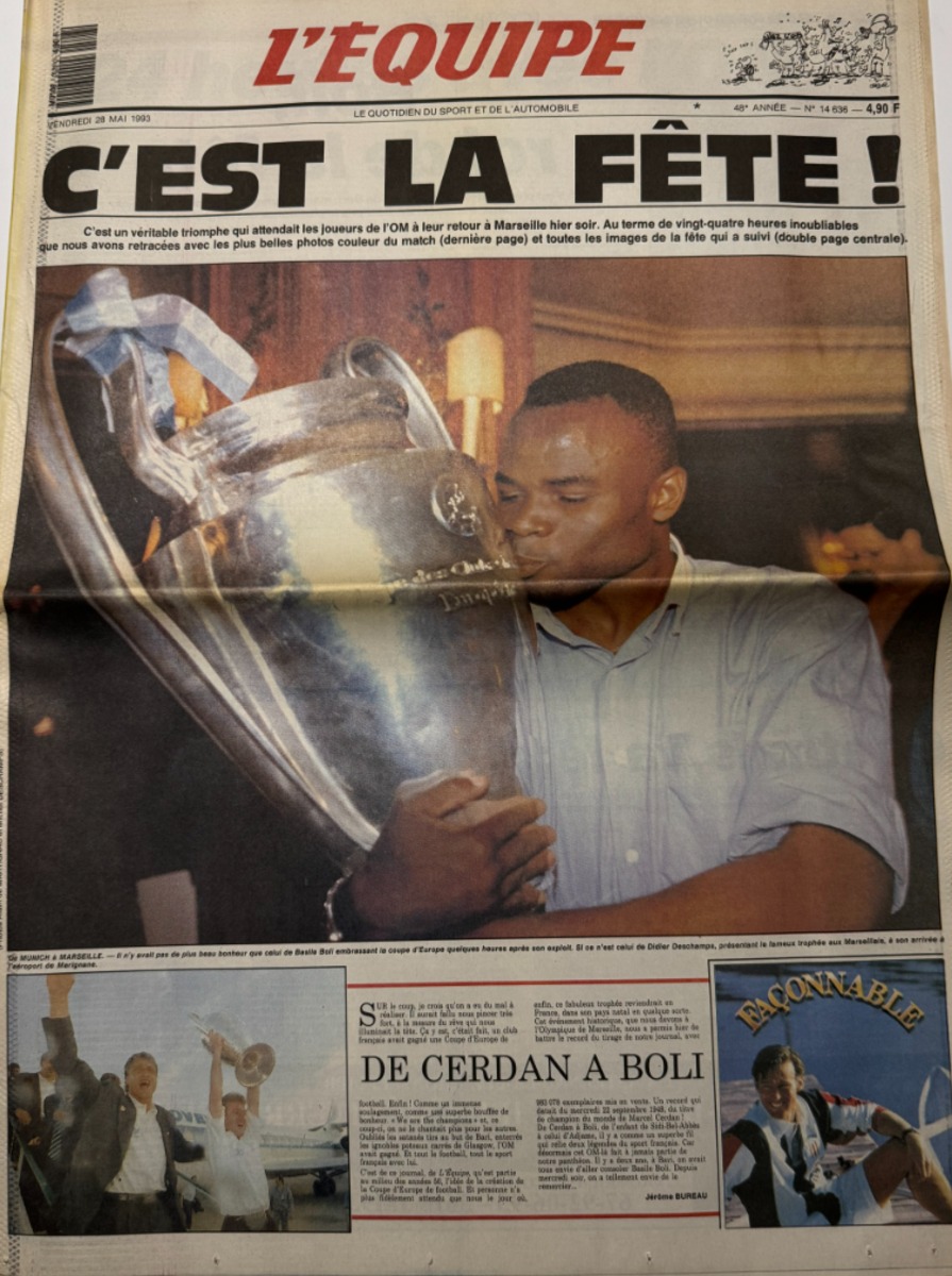 Journal l'équipe 28/05/1993 C'est la fête - Marseille / Milan AC - Coupe d'Europe - Basile Boli OM - Football - Journal L'Équipe authentique - Revue Vintage