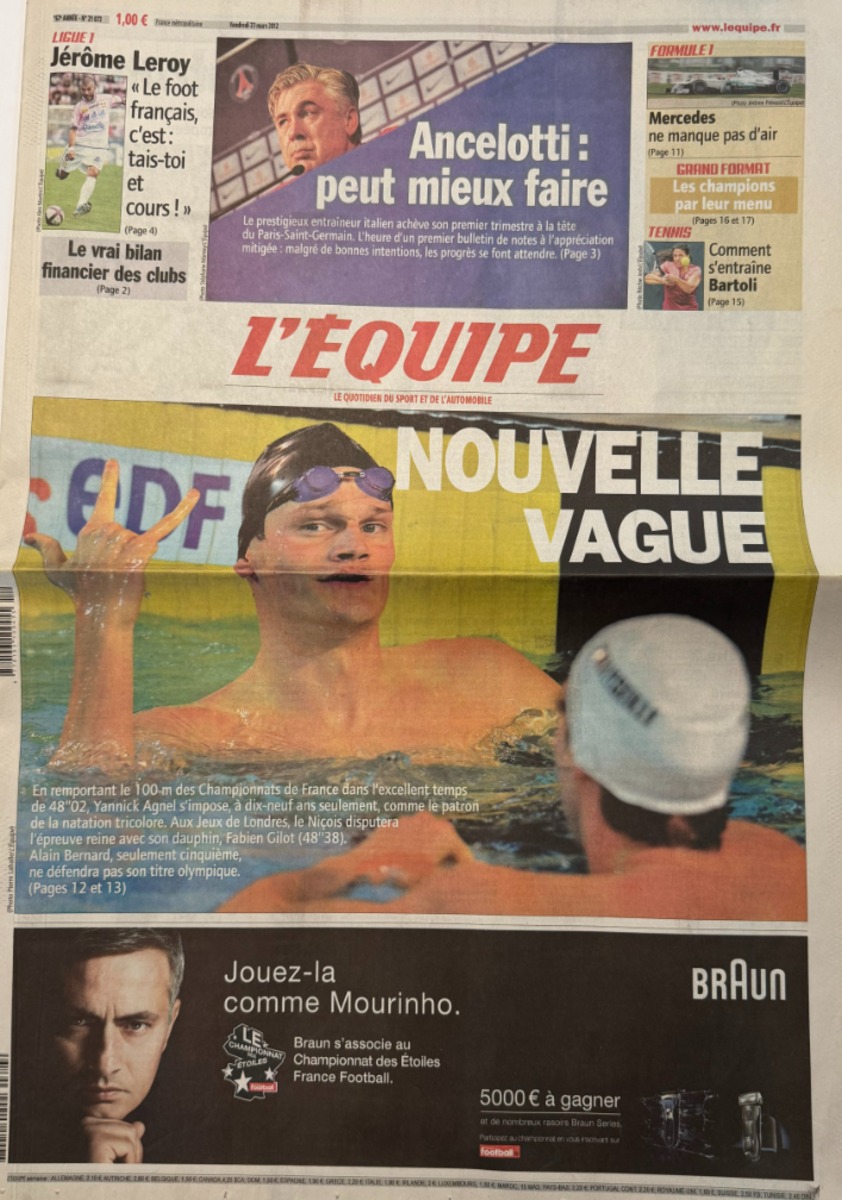 Journal l'équipe 23/03/2012 Nouvelle vague - Yannick Agnel rempote le 100 M de natation - Journal L'Équipe authentique - Revue Vintage