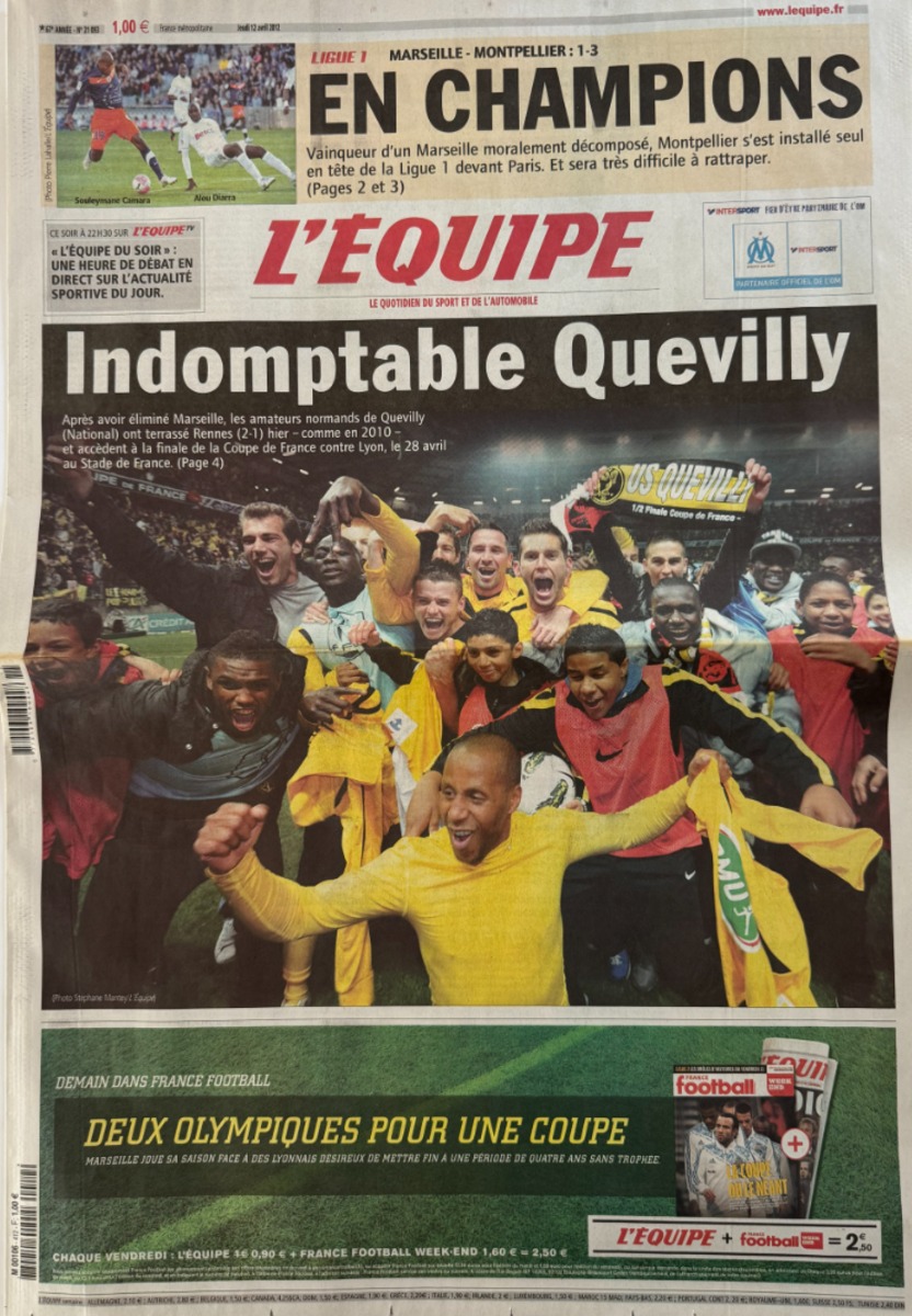 Journal l'équipe 12/04/2012 Indomptable Quevilly contre Rennes - Football - Journal L'Équipe authentique - Revue Vintage