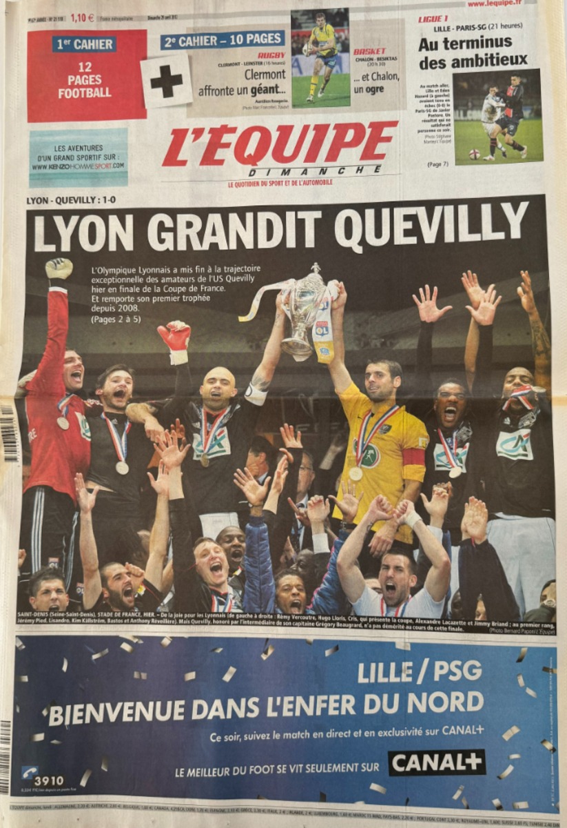 Journal l'équipe 29/04/2012 Lyon grandit Quevilly - Finale de la Coupe de France - Football - Journal L'Équipe authentique - Revue Vintage